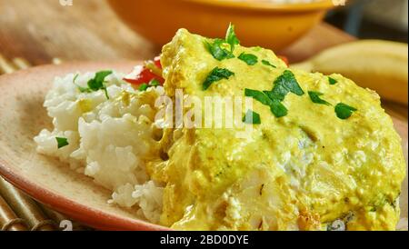 Goan Cod Curry, an der Westküste Indiens gelegen, regionale Küche, bekannt für Meeresfrüchte und Kokosmilch Stockfoto