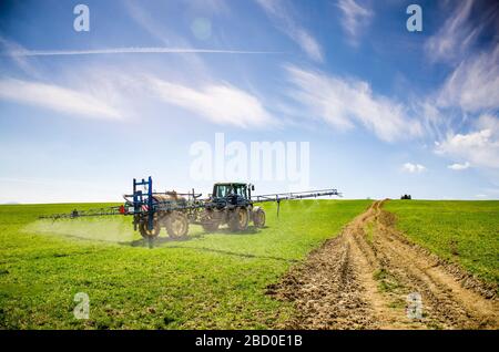 Traktor, der das Feld der Landwirtschaft im Frühjahr vorbereitet und Insektizid verwendet, das für den Boden hilft Stockfoto