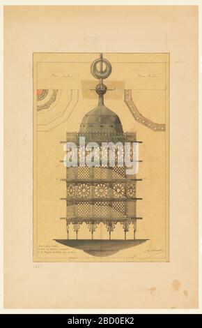 Bronze-Kronleuchter Kaid Bey Moschee Kairo. Forschung in ProgressDesign für eine Moschee-Lampe. Das in der Mitte abgebildete Design besteht aus einer plattenartigen Scheibe, einem mehrseitigen Metallgehäuse, das mit Designs perforiert ist, und einem gewölbten Oberteil. Bronze-Kronleuchter Kaid Bey Moschee Kairo Stockfoto