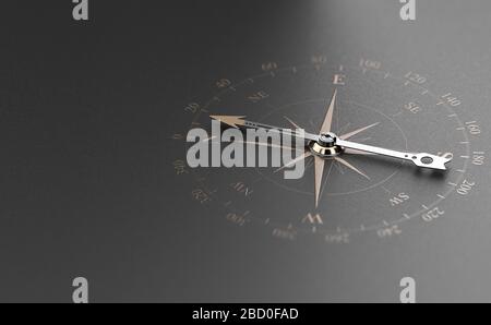 Goldener Kompass über dem modernen schwarzen Hintergrund. Konzept der Unternehmensführung oder -Orientierung, 3D-Darstellung. Stockfoto