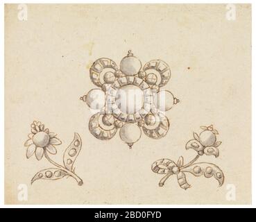 Design für drei Brooches. Forschung in ProgressLarge Brosche: Ein Kreuz wird von vier runden Diamanten gebildet, wobei der mittlere größer und von einem Kreis von Diamanten umrahmt ist, daraus entspringen Draper-Festoons, die von Diamanten gebildet werden. Design für drei Brooches Stockfoto