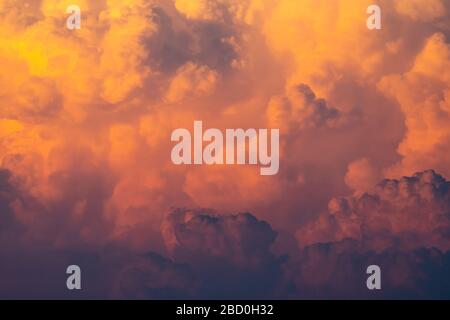 Gelbe, orangefarbene, flauschige Wolken auf dem Hintergrund des Sonnenuntergangs am Himmel. Kunstbild der Struktur der orangefarbenen Wolken. Wunderschönes Muster von Wolken. Freiheit und ruhiger Hintergrund. Stockfoto