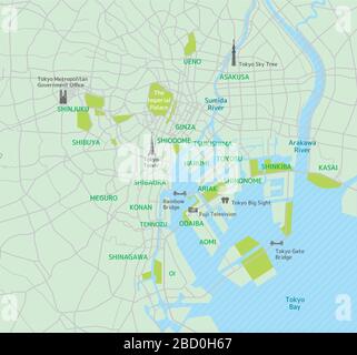 Stadtplan der Bucht von Tokio (mit Ortsnamen, Sehenswürdigkeiten) Stock Vektor