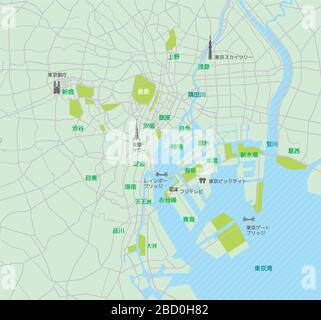 Stadtplan der Bucht von Tokio (mit Ortsnamen, Sehenswürdigkeiten) Stock Vektor