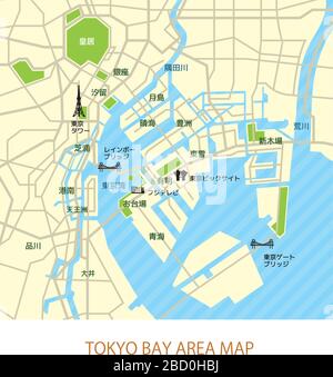 Stadtplan der Bucht von Tokio (mit Ortsnamen, Sehenswürdigkeiten) Stock Vektor