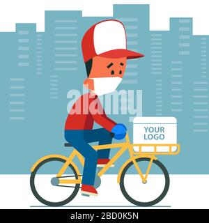 Kontaktloser, sicherer Lieferservice. Cartoon junger Mann mit Schutzmaske und Handschuhen auf einem Fahrrad mit Lieferbox. Stockfoto