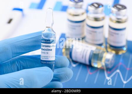 Coronavirus COVID-19-Impfstoff mit einer Dosis, kleines Fläschchenkonzept. Stockfoto