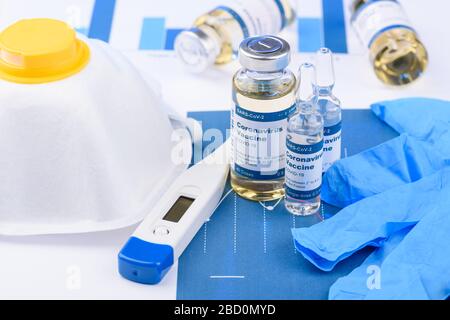 Coronavirus SARS-COV-2-Schutzkit-Konzept. Gesichtsmaske, Thermometer, Handschuhe und Fläschchen mit COVID-19-Impfstoff. Stockfoto