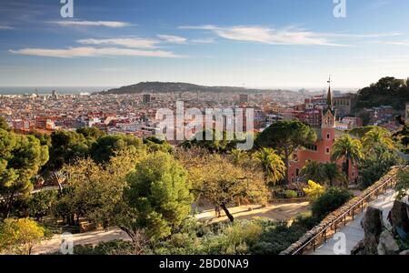 Barcelona aus dem Park Guell, Spanien Stockfoto