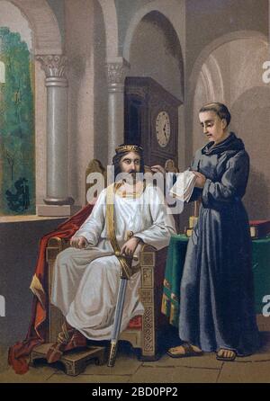 Karl der 1. Und Alcuin (Alcuin von York) [hier als Carlomagno und Alcuino]. Abbildung für La Ciencia Y Sus Hombres von Luis Figuier (D Jaime Seix, 1876). Großer Chromolithograph. Stockfoto