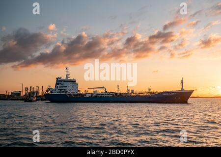 Ternuezen Niederlande 2. April 2020, Tanker für Öl- und Gaschemikalien am Hafen von Terneuzen bei Sonnenuntergang auf der Schelde Stockfoto