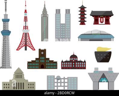 Tokyo Wahrzeichen Gebäude (Turm, Tempel etc.) flache Vektor-Illustration-Set. Stock Vektor