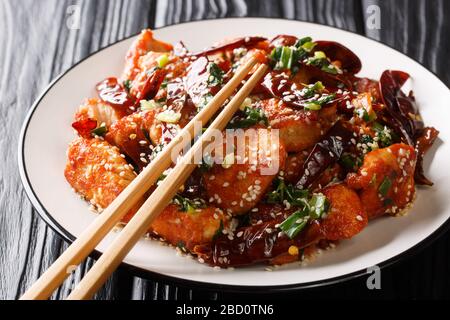 Chinesisches Mala-Huhn mit viel sichuan-pfeffer in einem Teller auf dem Tisch. Horizontal Stockfoto