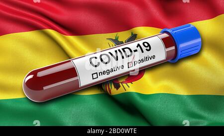 Flagge Boliviens winkt im Wind mit einem positiven Covid-19-Bluttestschlauch. Stockfoto