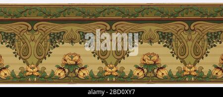 Fries. Forschung im ProgressArt Nouveau Stil. Die Schleuderlinien verlaufen über die Mitte des Frieses. Die Unterseite enthält Blumen, die sich zwischen einer singulären Blüte und Dreiergruppen abwechseln. Die Oberseite enthält ein welliges Band aus winkenden Blattwerk. Fries Stockfoto