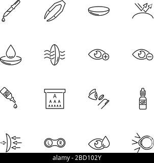Kontaktaugenobjektiv, Optometrie-Gliederungssymbole Set - schwarzes Symbol auf weißem Hintergrund. Kontaktaugen Linse Simple Illustration Symbol - Lined Simplicity Sign Stock Vektor