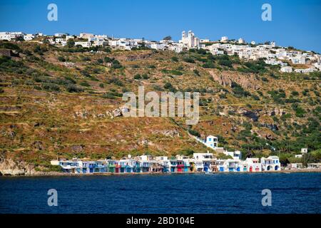 Klima und Plaka auf der Insel Milos, Griechenland Stockfoto