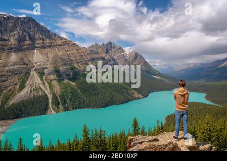 Junger Mann mit Blick auf den Peyto See auf dem Icefields Parkway im Banff National Park, Alberta, Rocky Mountains, Kanada Stockfoto