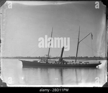 Unidentifiziertes Dampfschiff in Woods Hole Massachusetts. Unidentifiziertes Forschungsschiff der United States Fish Commission.Smithsonian Institution Archives, ACC. 11-006, Box 002, Bild-Nr. MAH-1286Smithsonian Institution Archives Capital Gallery, Suite 3000, MRC 507; 600 Maryland Avenue, SW; Washington, DC 20024-2520 MAH-1286 Stockfoto