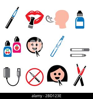 Elektronische Zigarette, rauchende E-Zigarette und fluessige Vektorsymbole Stock Vektor