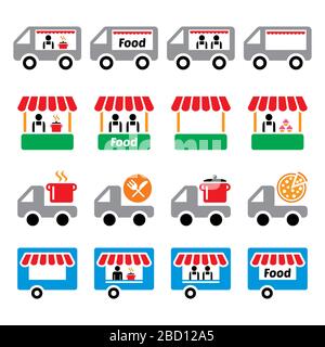 Food Truck, Food-Stand, Food-Trailer, Food-Delivery - Pizza, Farmer's Market Vector Icons Set Stock Vektor