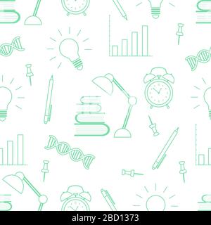 Vector Education nahtlose Musterabbildung mit Büchern, Lampe, dna-Kette, Stift, Wecker, Glühbirne, Zeitplan. Lernen, unterrichten, lernen, Konce Stock Vektor