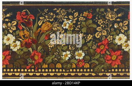 Rahmen. Forschung in ProgressA-Grenze von Fleur-de-LIS und Einzel- und Doppelrosen, wobei unten ein Band einen niedrigen geschrägten Drahtzaun simuliert. Gedruckt in Rot, Oliv, Grün, Weiß und Gold auf schwarzem Feld. Ästhetischer Rahmen mit Rand Stockfoto