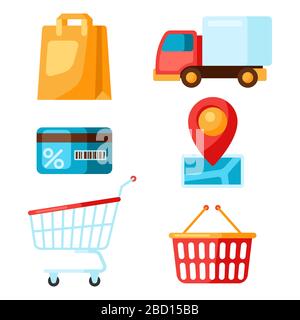 Selbstservice- und Liefersymbole im Supermarkt. Stock Vektor
