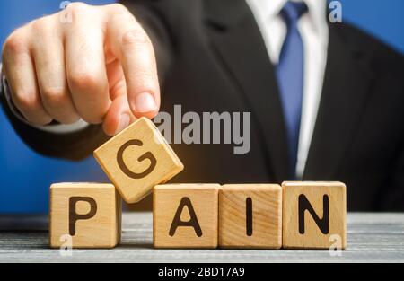 Der Geschäftsmann stellt Holzblöcke mit den Worten Gewinn, Schmerz. Motivation, Streben, Zielerreichungskonzept. Management und Veränderung Stockfoto