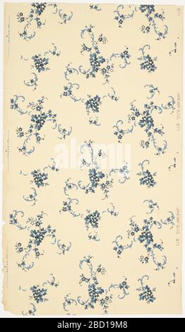 Deckenpapier. Forschung in ProgressOverall Verursacher von Blumenrollen und Blumen. Gedruckt in blau und weiß Glimmer auf weißem Untergrund. Deckenpapier Stockfoto