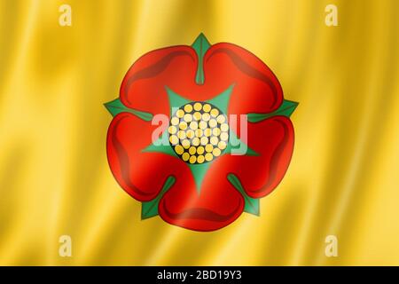 Flagge des Lancashire County, Großbritannien schwenkt Bannersammlung. 3D-Abbildung Stockfoto