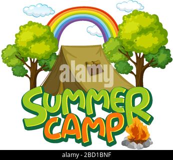 Schriftdesign für Word Summer Camp mit Zelt in der Waldillustration Stock Vektor