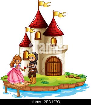 Szene mit Prinzessin und Ritter auf der Schlossillustration Stock Vektor