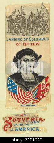 Landung von Kolumbus 12. Oktober 1492. Forschung in ProgressIvory mit einfachem Stoff, der mit schwarzem seidenem Sekundärgefecht gemahlen wurde und das Porträt von Kolumbus formte. Landung von Kolumbus 12. Oktober 1492 Stockfoto