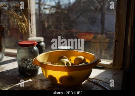 Natürliche gelbe Äpfel in einer gelben Schüssel auf einer sonnigen ländlichen Fensterbank Stockfoto