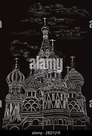 Vektor-Skizze Handzeichnung Illustration der St.-Basils-Kathedrale des Kreml in Moskau, Russland. Vertikale, isolierte Darstellung in weißer Farbe auf Schwarz Stock Vektor
