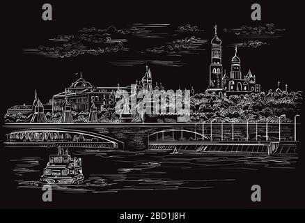 Vector monochrome Skizze handzeichnen Illustration des Kreml und der Flusseinmündung in Moskau, Russland Stadtbild. Horisontal isolierte Abbildung in Stock Vektor