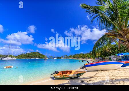 Buntes Boot, weißer Sandstrand, türkisfarbenes Meer, Palmen, Jachten, Saltwhistle Bay, Mayreau, Grenadinen, St. Vincent und die Grenadinen, Karibik Stockfoto