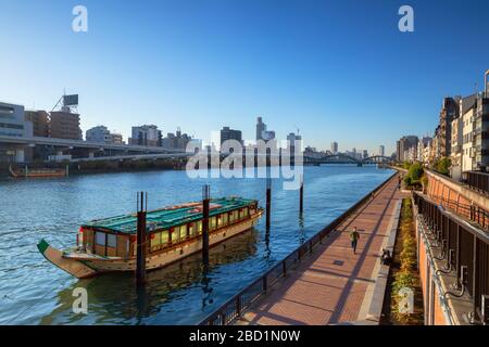 Menschen, die am Sumida River, Tokio, Honshu, Japan, Asien spazieren gehen Stockfoto