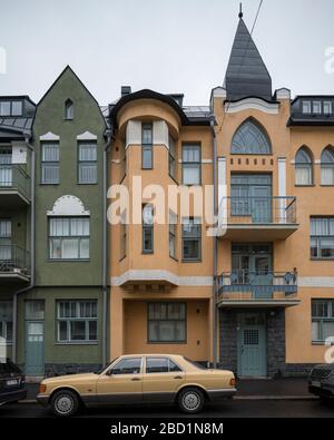 Häuser an der Huvilakatu Straße, Helsinki, Finnland, Europa Stockfoto