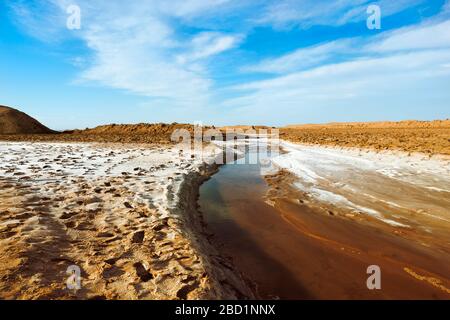 Der Strom fließt durch die Dasht-e LUT (LUT-Wüste), den heißesten Ort der Welt, die Provinz Kerman, den Iran und den Nahen Osten Stockfoto