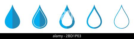 Symbole für Wasservektoren. Satz von Dropdown-Symbolen auf weißem Hintergrund. Vektorgrafiken. Verschiedene blaue Drop-Symbole Stock Vektor