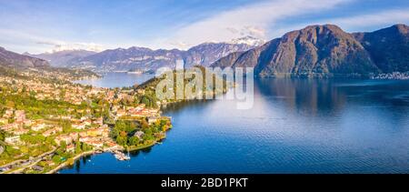 Luftbild der Dörfer Tremezzina im Herbst, Comer See, Lombardei, italienische Seen, Italien, Europa Stockfoto