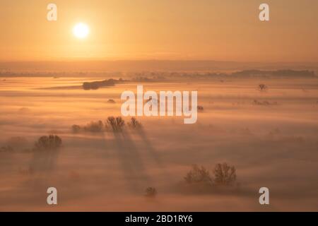 Sonnenaufgang über dem Nebel überzog Somerset Levels im Winter, in der Nähe von Glastonbury, Somerset, England, Großbritannien, Europa Stockfoto