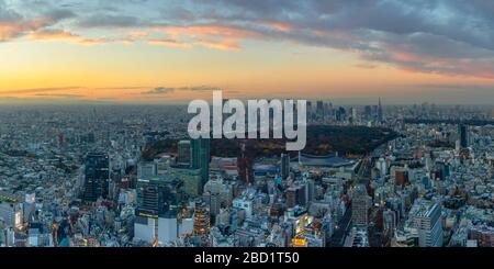 Blick auf die Skyline von Shinjuku und die Innenstadt bei Sonnenuntergang, Tokio, Honshu, Japan, Asien Stockfoto