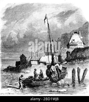 Küste, Holzboote und Hafen auf der Insel Sein, Île de Sein oder Sein Island Finistère Brittany France. Vintage oder Old Illustration oder Gravur 1881 Stockfoto