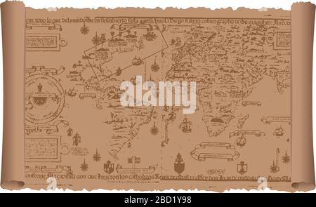 Alte Weltkarte auf dem alten Schriftpapier. Flache Vektorgrafik. Stock Vektor
