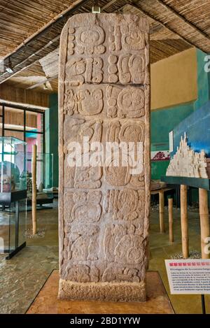 Stela in der Ausstellungshalle, Tonina archäologische Stätte, in der Nähe von Ocosingo, Chiapas, Mexiko Stockfoto