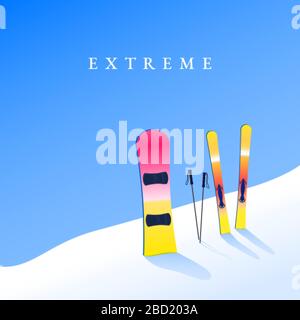 Skigebiet. Skifahren und Snowboard am Hang. Extremes Tourismus-Banner. Vektor Stock Vektor