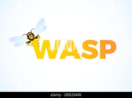 WASP-Cartoon auf Farbtext. Räuberisches Insekt. Gelb gestreifte Wespe. Vektorgrafiken isoliert auf weißem Hintergrund Stock Vektor